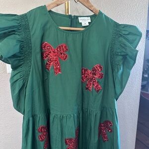 Chic Soul Emerald Dress with Red Sequin Bows